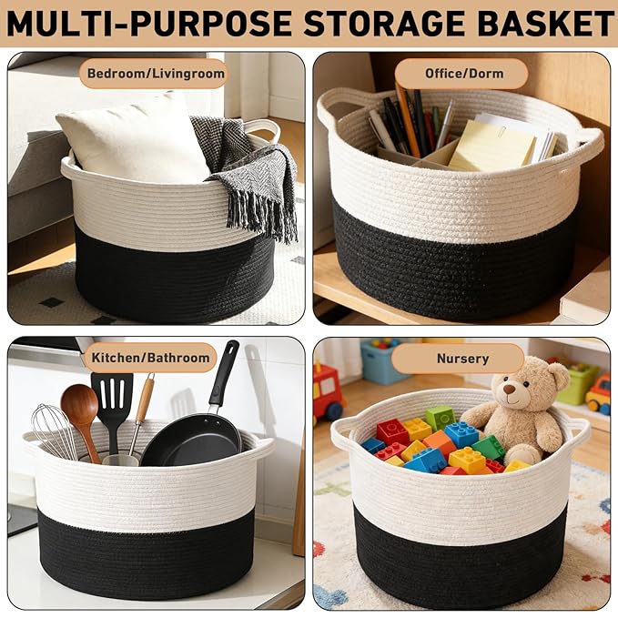 115L Large Blanket Basket,23.6" L x 23.6" W x 15.7" H Rope Woven Baskets with Handles, Toys Storage Bins,Laundry Basket Perfect for Living Room, Nursery,Bedroom,Home Organization,White&Black