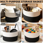65L Large Blanket Basket,19.7" L x 19.7" W x 13" H Rope Woven Baskets with Handles, Toys Storage Bins,Laundry Basket Perfect for Living Room, Nursery,Bedroom,Home Organization,White&Black