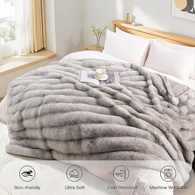 NEXHOME PRO Faux Fur Twin Blanket, Ultra Soft Cozy Warm Fuzzy Fluffy Plush Reversible Blanket for Couch, Sofa, Bed, Home Decor Gift, Tie-dye Grey 6080
