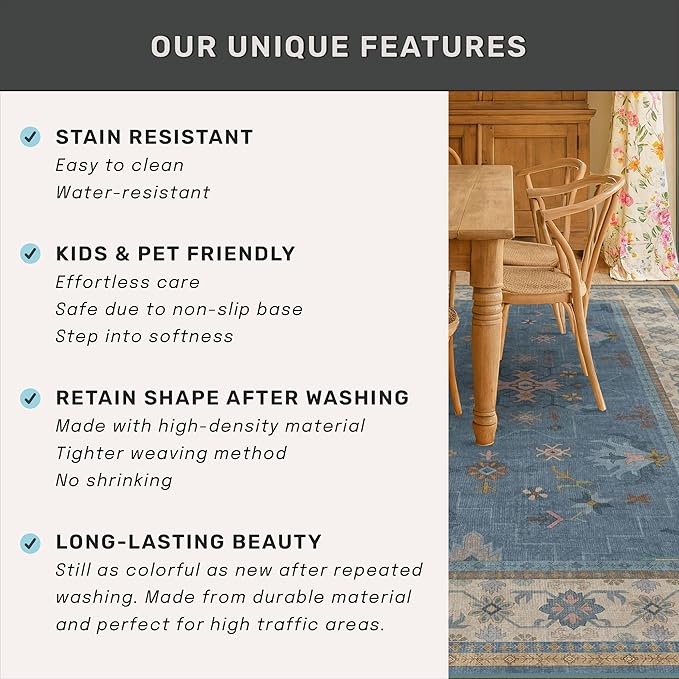 Washable Blue Rugs for Entryway Indoor - 3x5 Throw Rug for Large Kitchen, Bedroom Bedside, Laundry Room, Mudroom, Boho Eclectic Modern Décor, Non Slip Low Pile Fade Resistant