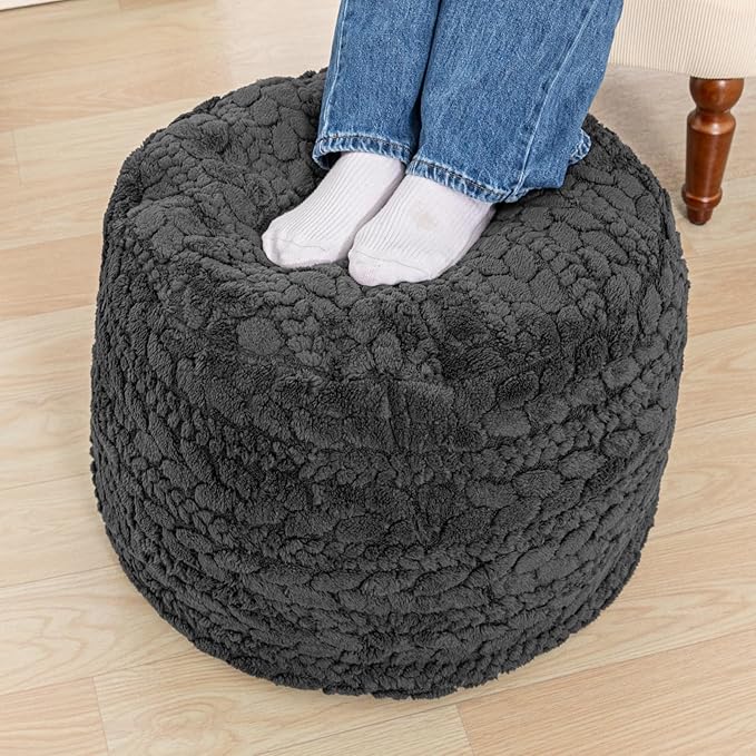 Unstuffed Ottoman Pouf Cover – Round Faux Fur Footstool Plush Floor Pouf (No Filler Included) Perfect for Living Room, Bedroom, or Office Lounge (Gray, 26x26x18 in)