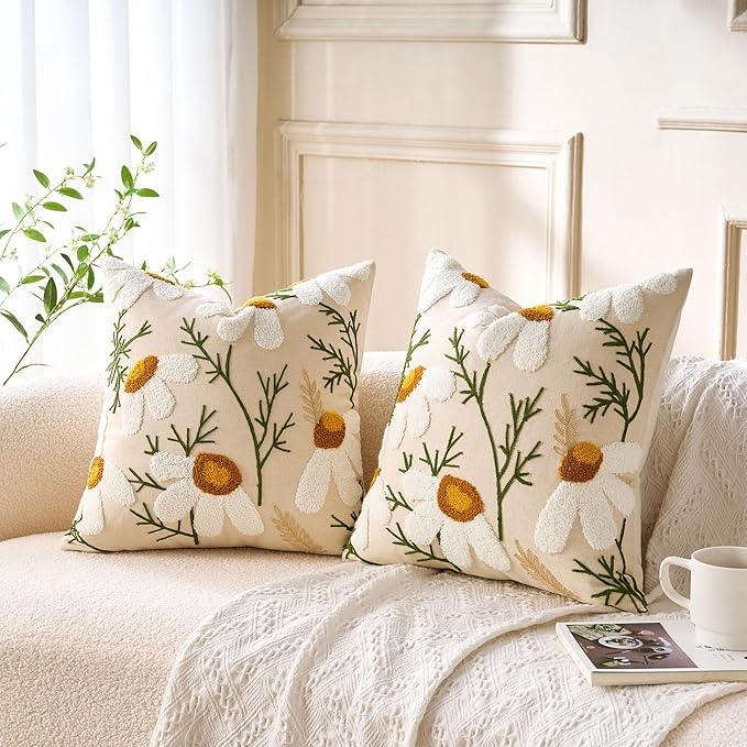 Embroidered Throw Pillow Covers Boho Farmhouse Daisy Tufted Pillow Covers Floral Decorative Couch PillowCases 16x16 Cottagecore Square Cushion Cover Set of 2 for Living Room Couch Sofa Bed Home Decor