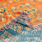 Boho Throw Blanket, 100% Cotton Ultra Soft Luxury Throw Rustic Quilt, 80"x90" Floral Printed Farmhouse Decor Bed Summer Blankets, All Season Rustic Reversible Bohemian Throw for Bed - Orange