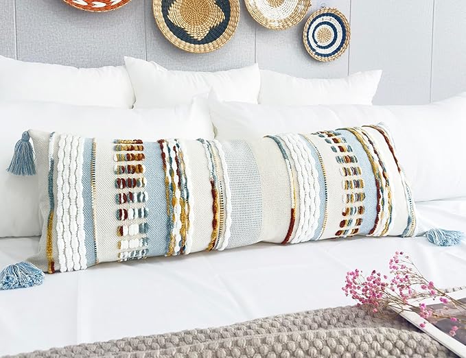 Chenille and Cotton Long Pillow for Bed, Striped Textured Boho Lumbar Throw Pillow Cover 12x36, Neutral Accent Decorative Extra Long Body Pillow Case for Couch, Sofa, Bedroom, Light Blue