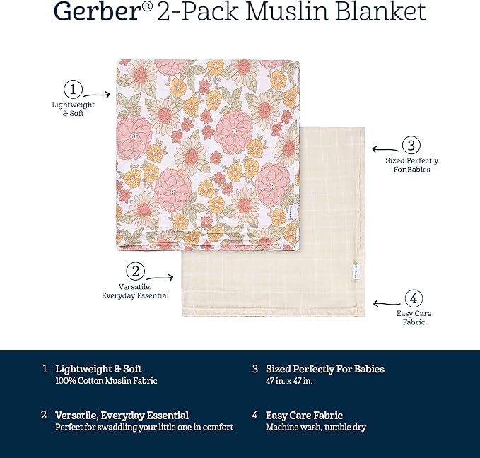 Gerber Baby Unisex 2-Pack Muslin Blanket, Retro Floral, One Size