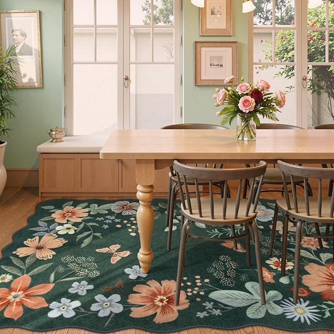 Lahome Floral Washable Rugs 8x10, Non-Slip Soft Bedroom Rug Stain Resistant, Ultra-Thin 8x10 Rugs for Living Room Boho Accent Carpet for Dining Room Office Flore (8x10ft,Dark Green)