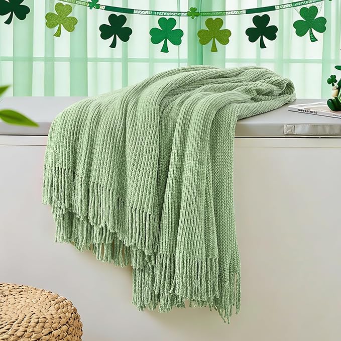 inhand Basil Green Throw Blanket for Couch Bed, St. Patrick’s Day Lucky Spring Gifts Throw for Men Women,Chunky Chenille Woven Soft Warm Blanket,Boho Farmhouse Cozy Decor,50"x60",Medium Thick