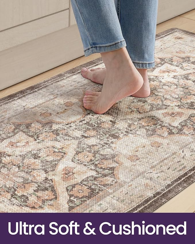 DEXI Kitchen Floor Mats Anti Fatigue, 23x86 Large Long Cushioned Vintage Runner Rug Waterproof, Standing Comfort Memory Foam Padded for Front Sink Laundry Office, Beige and Brown