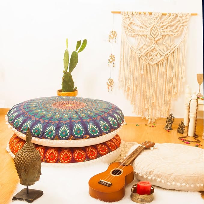 Mandala Life ART Bohemian Yoga Décor Floor Cushion Cover - Round Mediation Pillow Case - Hand Printed Organic Cotton Pouf (Pouf Cover 30", Blue Peacock)