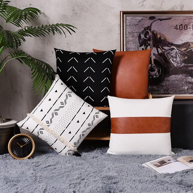 Tosewever Boho Geometric Throw Pillow Covers 18 x 18 Set of 4, Modern Stripe Farmhouse Decorative Faux Leather Cotton Pillowcase for Bedroom Living Room Couch Bed Sofa Home (Black/White, 18" x 18")