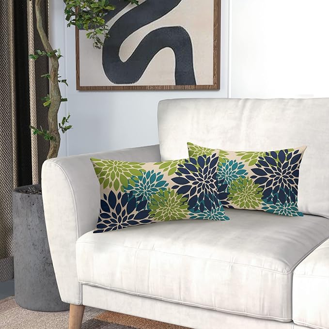 Navy Blue Green Teal Pillow Covers 12X20 Inch Set of 2, Modern Dahlia Floral Print Decorative Rectangle Throw Pillow Covers Outdoor Farmhouse Cushion Case for Home Couch Sofa Bed Decoration