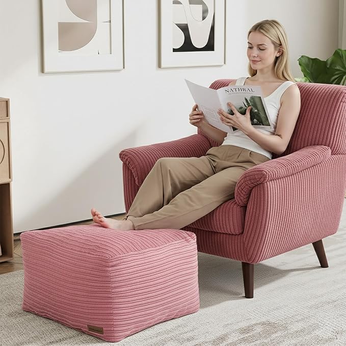 MeMoreCool Square Stuffed Pouf Ottoman Foot Rest, Stripe Furry Floor Pouf Foot Stool with Foam Chunk Filling, Soft Fluffy Stuffed Ottoman Footrest for Living Room, Corduroy Pink