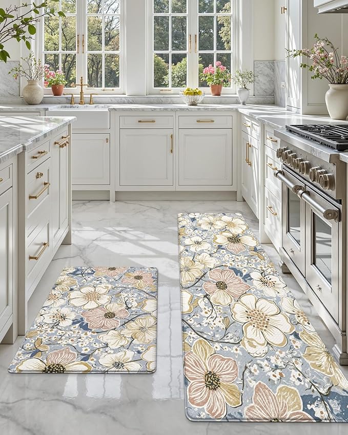 DEXI Kitchen Mats for Floor 2 Piece Set, 17x29+17x59, Cushioned Standing Mat Anti Fatigue, Waterproof Comfort Floral Padded for Laundry Room Office, Blue and Yellow