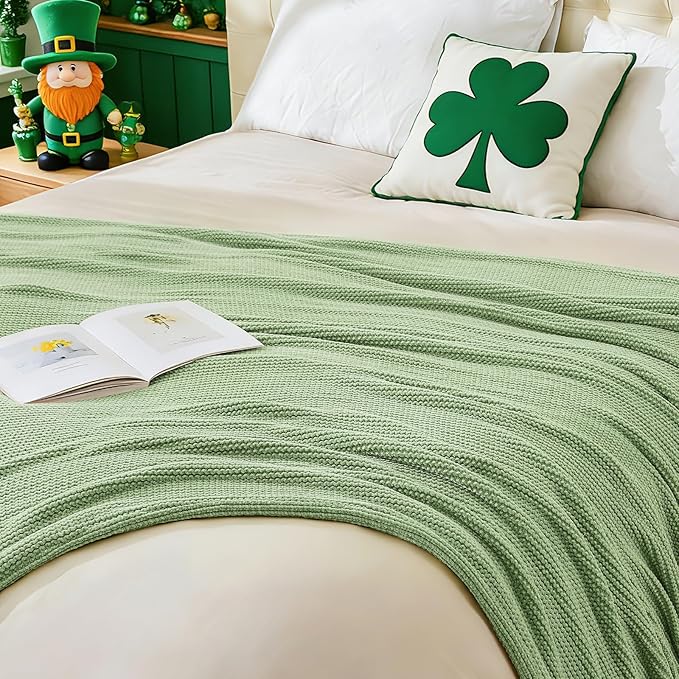 inhand Basil Green Throw Blanket for Couch Bed, St. Patrick’s Day Lucky Spring Gifts Throw for Men Women,Chunky Chenille Woven Soft Warm Blanket,Boho Farmhouse Cozy Decor,50"x60",Extra Thick