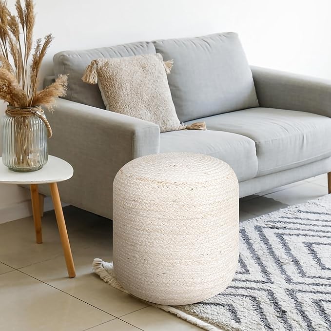 Palisa Ottoman Jute Pouf Handmade Knitted Poof Bean Bag Filling | Boho Pouffe for Living Room & Bedroom | Foot Rest Poufs for Office Home Decor (Off White, 16" D x 16" W x 18" H)