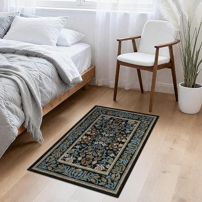 GarveeHome 2x3 Entryway Area Rug Boho Vintage Rugs Non Slip Front Door Rug, Washable Indoor Kitchen Rugs Soft Low-Pile Stain Resistance Small Door Mat for Bedroom Blue Black