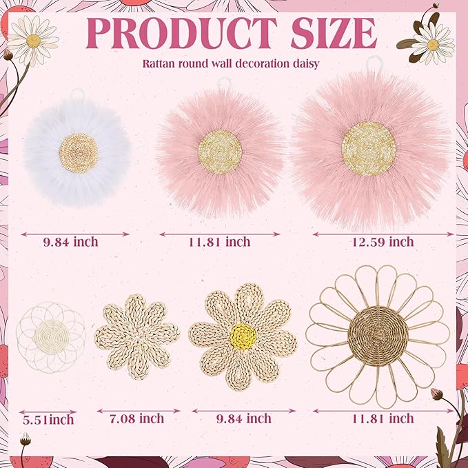 Chunful 7 Pcs Boho Wall Basket Decor Rattan Flower Wall Decor Nursery Daisy Flower Woven Macrame Hanging Flowers for Baby Kids Girls Farmhouse Bedrooms Living Rooms Kitchen Home(Pink)