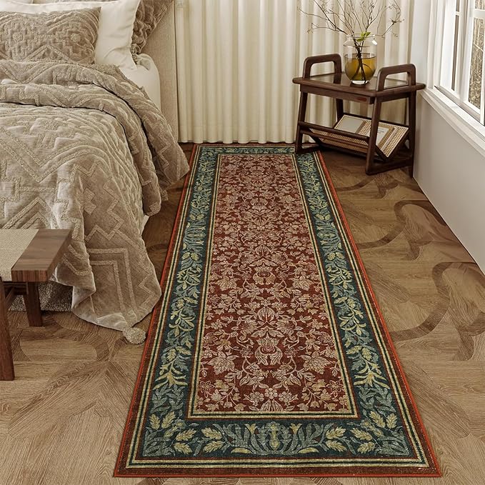 GarveeHome Kitchen Runner Rug 2.5x10 Red Runner Rug Non Slip Washable Runners for Hallways, Boho Vintage Rugs with Rubber Backing Soft Low-Pile Indoor Long Carpet for Entryway Bedroom
