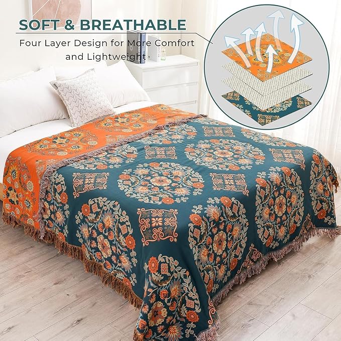 Boho Throw Blanket for Chair, 100% Cotton Woven Rustic Quilt with Tassel 50”x60”, Super Soft Muslin Blanket with Floral, Decorative Reversible Bed Blanket/Sofa Cover for All Seasons- Orange