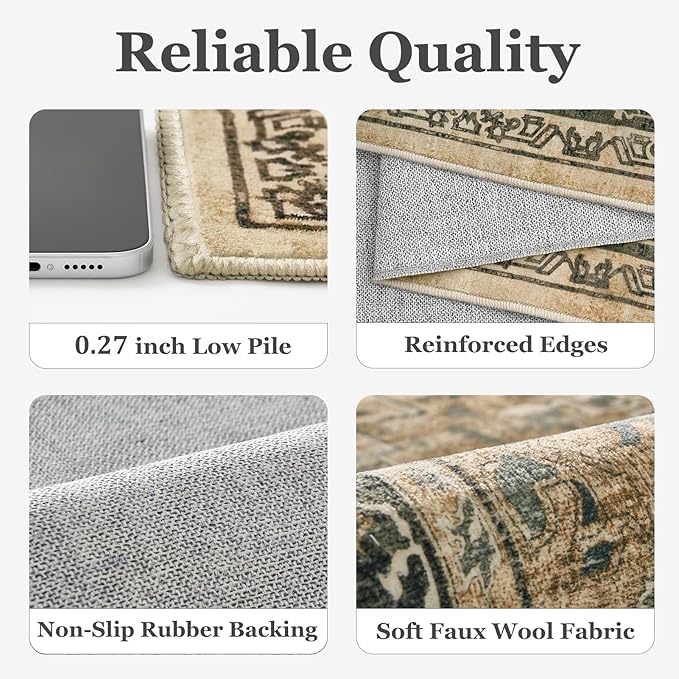 Retro 3x8 Rug Runners for Entryway Non Slip, Distressed Medallion Carpet Runners for Hallway 8ft, Low Pile Thin Runner Rug Non Slip Washable for Kitchen/Foyer/Mudroom/Bedroom, Multi Brown/Olive