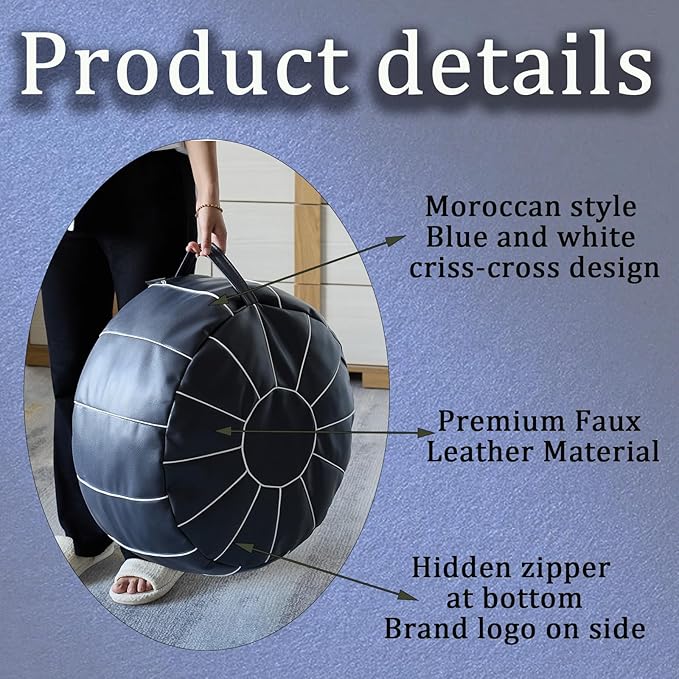 Louis Donné Unstuffed Pouf Ottoman Cover, Faux Leather Foot Stool for Foot Rest, Moroccan Style Ottomans, 21" Round Handmade Small Bean Bag Covers for Storage, Footstools for Living Room(ONLY Cover)