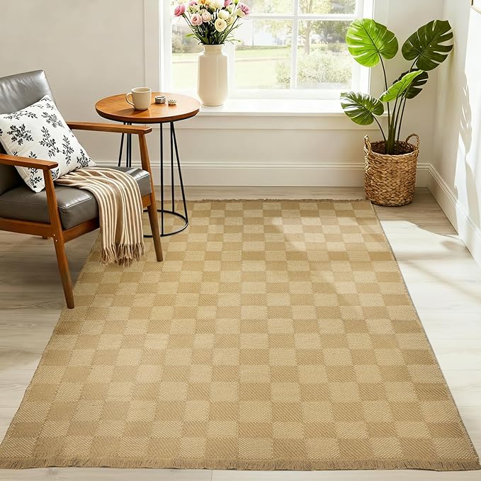 BESTSWEETIE 4'x6' Washable Rug Hand-Woven Low Pile Soft Checkerboard Pattern Reversible Checkered Braided Rugs with Short Fringe Carpet for Living Room Bedroom Dining Room Home Decor - Naturejute