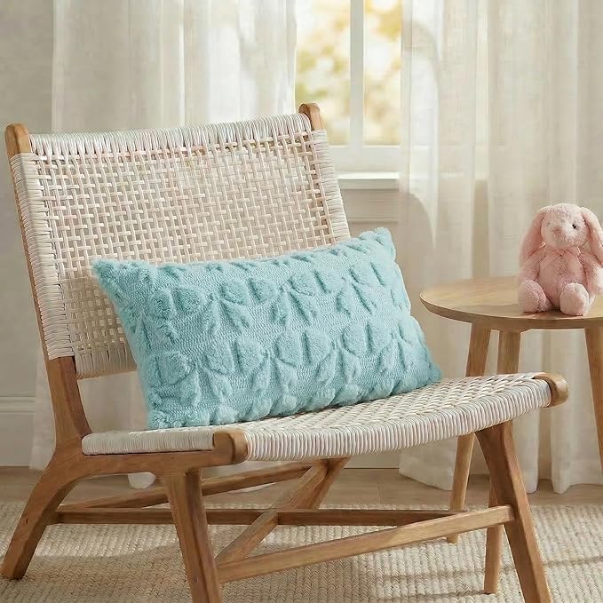 AVOIN colorlife Blue Spring Bow Throw Pillow Covers Set of 2, 12 x 20 Inch Coquette Aesthetic Room Decor Soft Plush Faux Fur Cushion Case for Girls Room