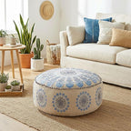 Large Round Floor Pillow Cover Blue Indian Décorative Accent Meditation Cushion Perfect for Living Room, Bedroom, Nursary or Children Room Seating Area Stool Footstool Pouf Ottoman 24x8 Unstuffed