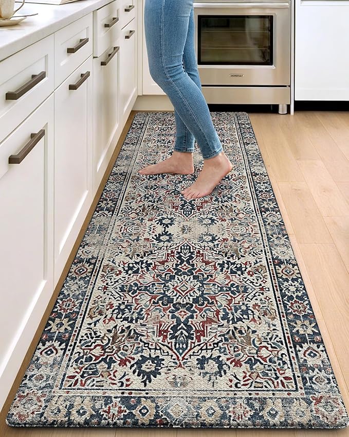 DEXI Kitchen Mats for Floor Cushioned, 23x86 Extra Large Long Runner Rug Non Slip, Waterproof Soft Comfort Standing Padded Anti Fatigue Decorative, Blue Red