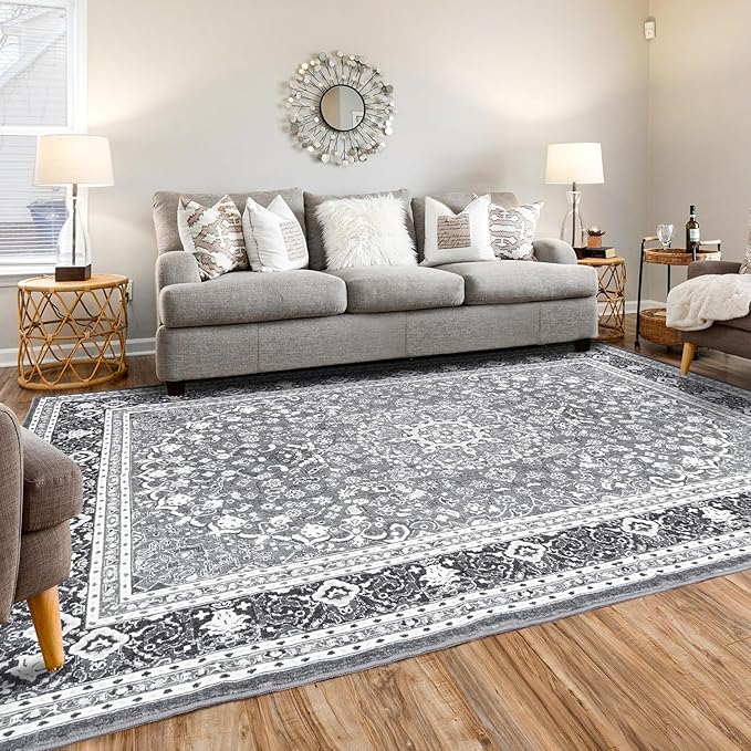 Lessymo 5x7 Area Rugs for Living Room - Machine Washable Area Rug, Super Soft Faux-Wool Area Rugs for Bedroom Kitchen, Boho Rug Vintage Floral Non-Slip Low Pile, Grey White