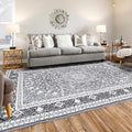 Lessymo 5x7 Area Rugs for Living Room - Machine Washable Area Rug, Super Soft Faux-Wool Area Rugs for Bedroom Kitchen, Boho Rug Vintage Floral Non-Slip Low Pile, Grey White