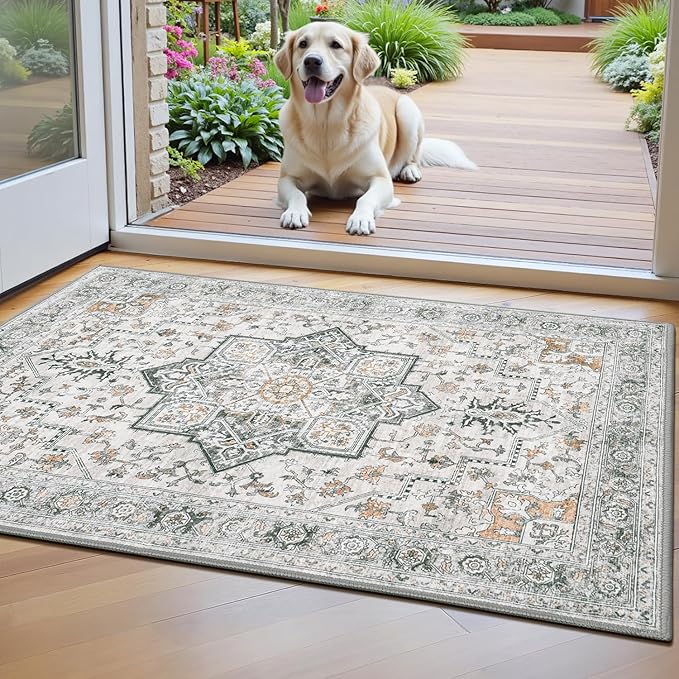 Lessymo Washable 2×3 Small Area Rugs for Entryway Bathroom, Soft Kitchen Rug Non-Slip Carpet Indoor Door Mat for Floor, Vintage Boho Low Pile Rugs for Entry Bedroom Nursery Home, Grey/Brown