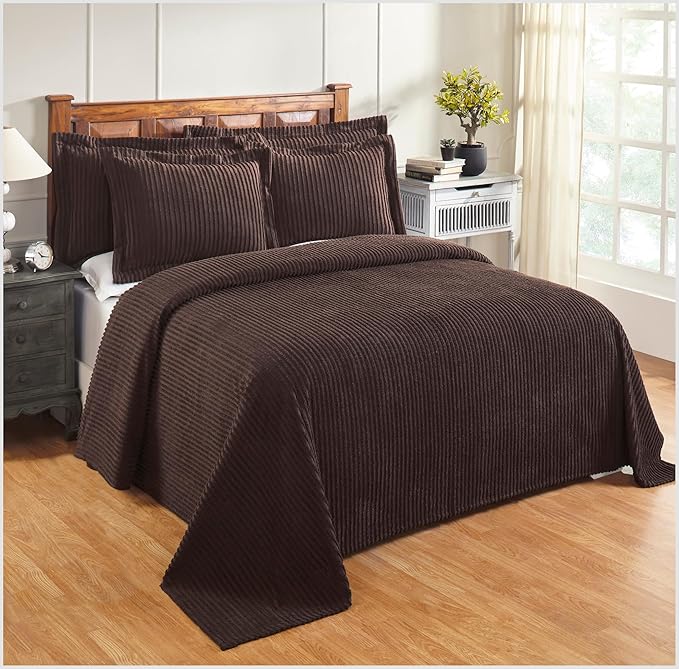 Better Trends Chenille Bedspreads Full/Double Size, Chocolate 100% Cotton Chenille Stripe Design Tufted Bedding Coverlet Soft Lightweight, 96"x110" 1 Pieces Jullian Collection