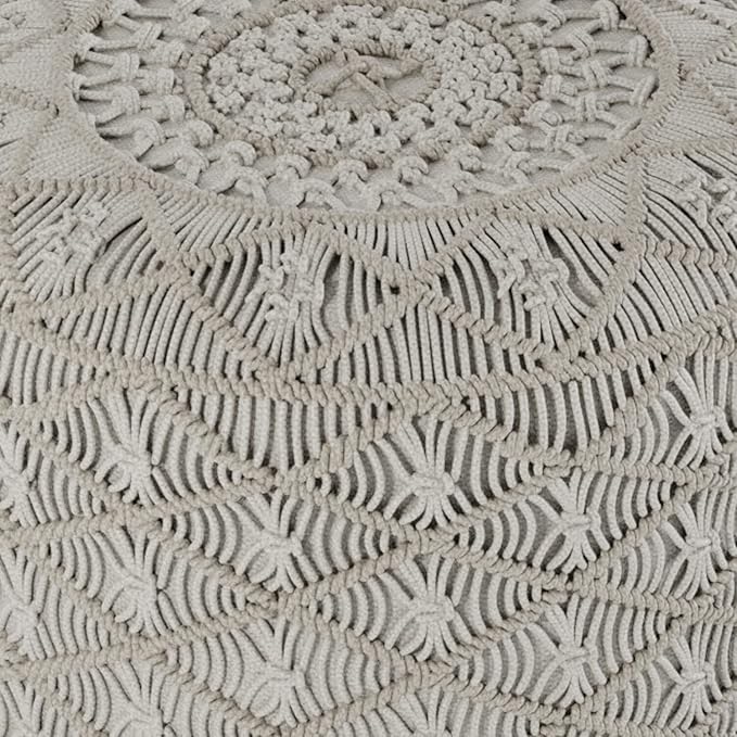 SIMPLIHOME Coates Contemporary Round Macrame Pouf in Cloud Grey Cotton for the Living Room, Bedroom and Kids Room