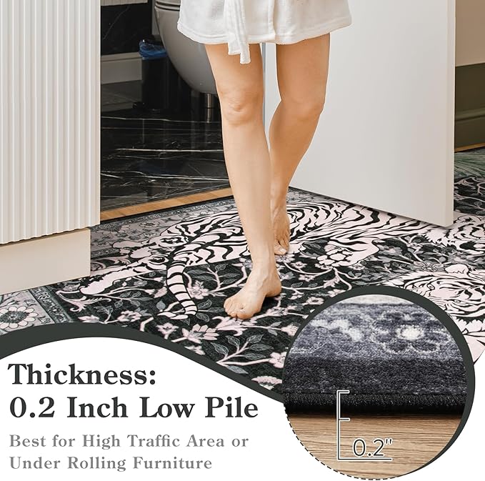 Moynesa Tiger Washable Rugs, 3x5 Entry Area Rugs, Non Slip Vintage Soft Living Room Carpet, Boho Low Pile Stain Resistant Indoor Throw Mat for Kitchen Bedroom Entrance, Black