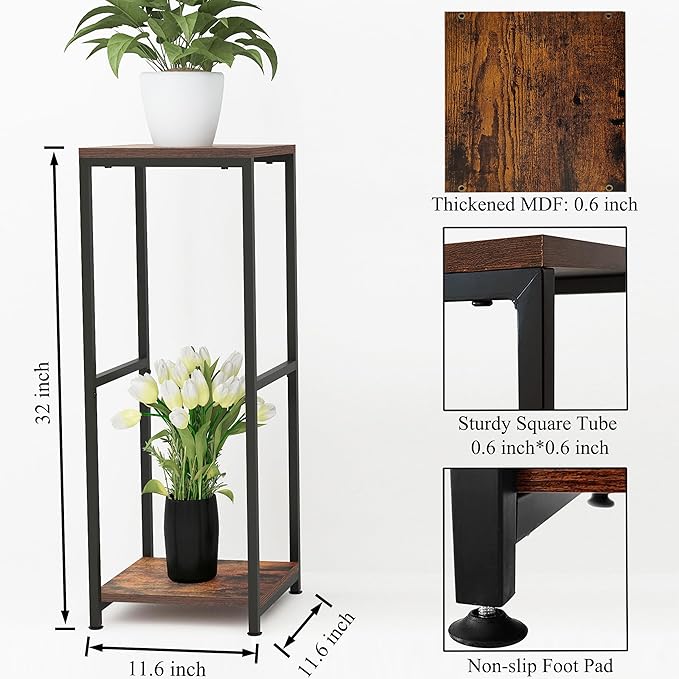 CASIMR Plant Stand for Indoor, Tall Metal Shelf with Square Wooden Board, 2 Tier Display Rack for Multiple Plants, 32 Inch Tiered Flower Pot Holder for Corner Living Room Balcony Garden Patio