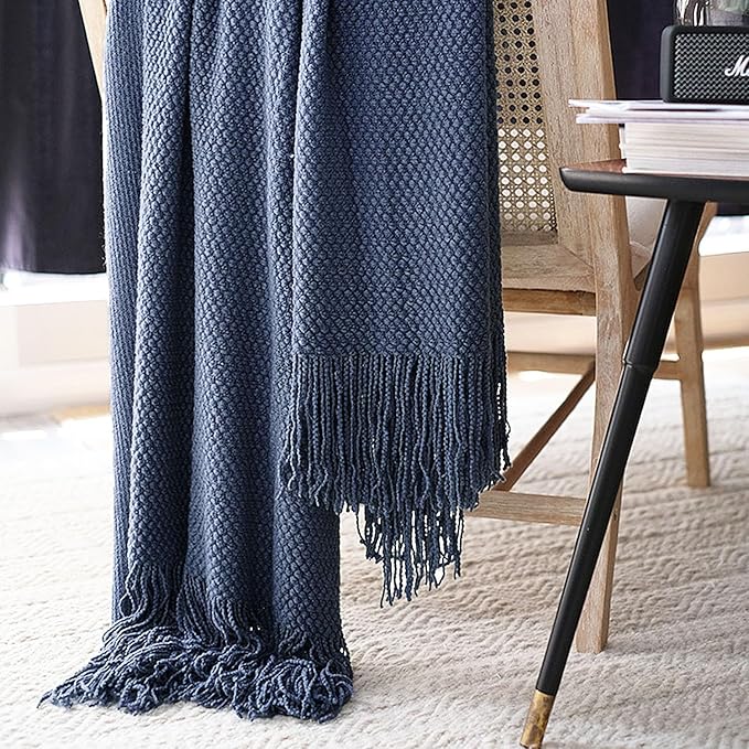 LOMAO Knitted Throw Blanket with Tassels Bubble Textured Lightweight Soft Throws for Couch Cover Home Decor (Navy, 60x90)