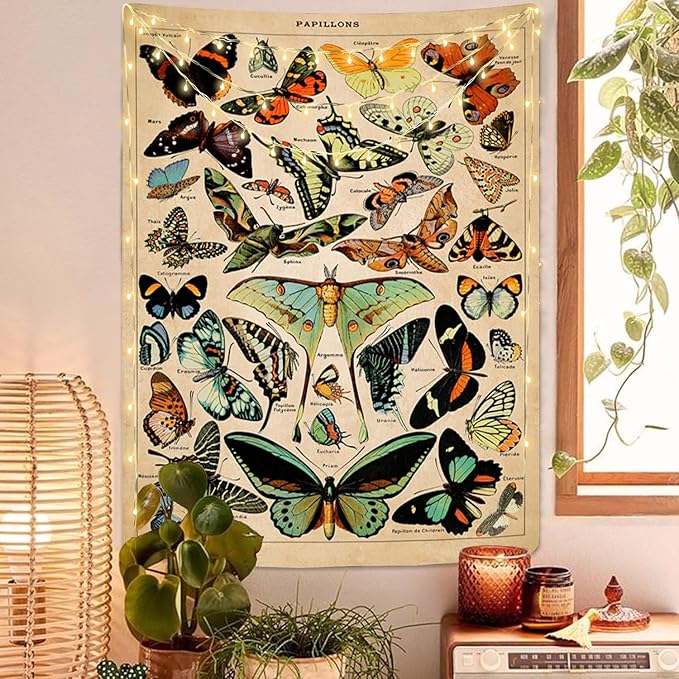 Vintage Butterfly Tapestry 48” x 36”, Long Vertical Wall Hanging Reference Illustrative Papillons Tapestries for Bedroom Aesthetic Butterfly Tapistry Cute Vertical Tapestry Wall Hanging Bedroom Decor