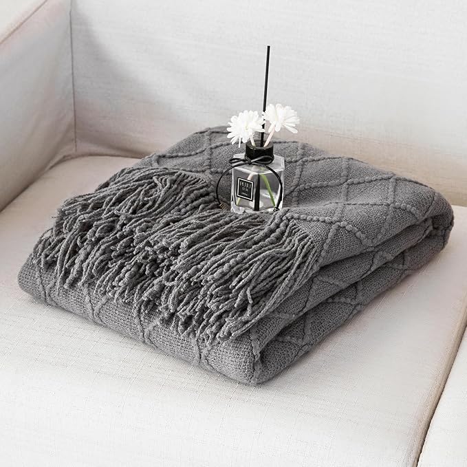 Throw Blanket for Couch Bed, Sofa Knit Blanket Farmhouse Throw for Living Room, Decorative Fall Throw Blanket for Chair, Outdoor Textured Boho Blanket（Dark Grey 51x67In）