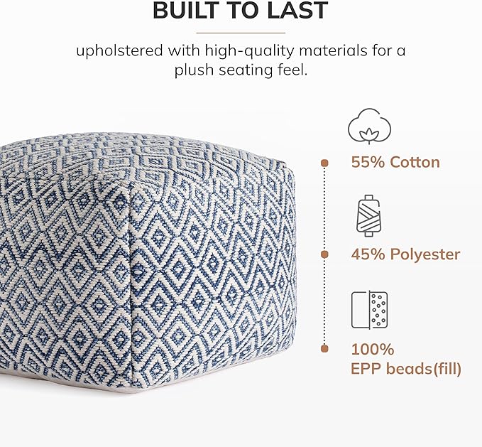 Anji Mountain Pouf Ottoman Foot Rest, Handmade Ottoman Pouf, Comfortable Foot Stool, Decorative Floor Seating for Living Room Decor, Bedroom & Home Décor Accent - Aegean