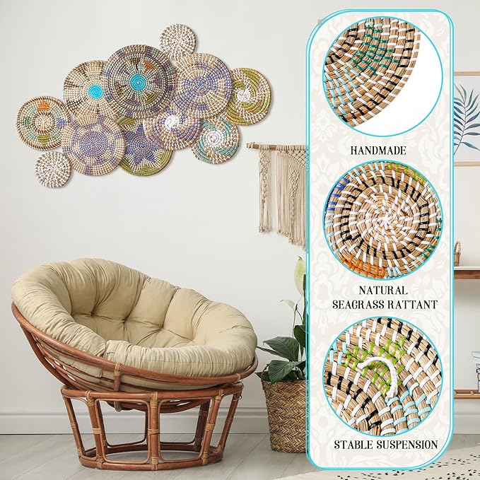 Tatuo 11 Pcs Boho Wall Basket Decor Decorative Bulrush Woven Basket Wall Decor Art Round Farmhouse Hanging Baskets for Kitchen Rustic Home Summer Decorations, Multi Sizes(Multicolour)