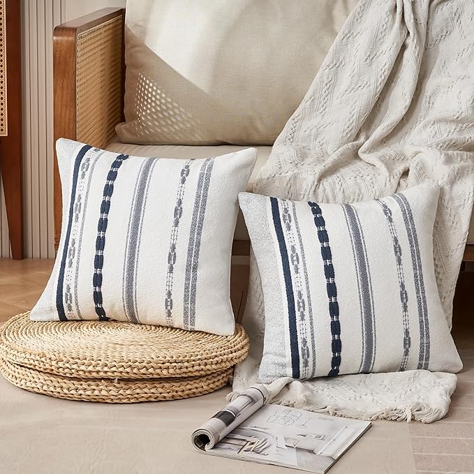 Chenille Boho Pillow Covers 18x18 Inch Decorative Throw Pillow Covers Striped Square Pillowcase Covers Modern Farmhouse Home Decor Pillow Protectors with Zipper Standard Size, Set of 2