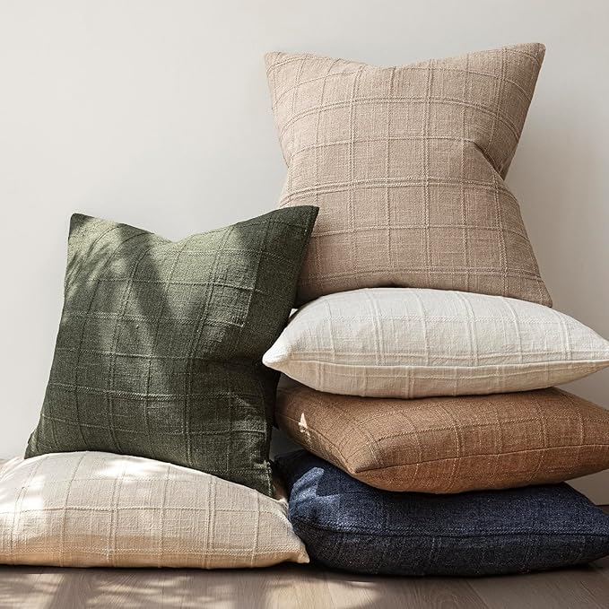 Foindtower Set of 2 Decorative Linen Check Throw Pillow Covers Neutral Farmhouse Vintage Cushion Covers Modern Coastal Boho Home Decor for Sofa Chair Couch Bedroom Living Room,20×20 Inch,Camel