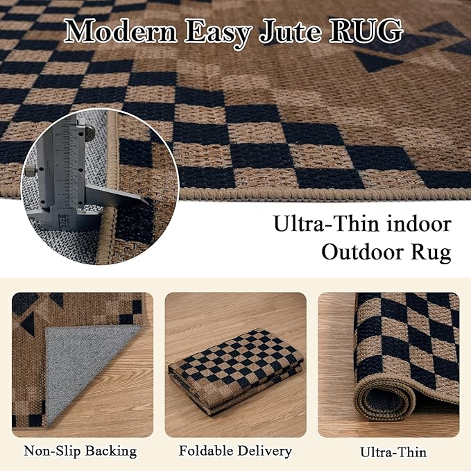 LIVEBOX Easy Jute Runner Rugs for Hallway 2x10, Non Slip Washable Rug Runner, Checkered Extra Long Rugs for Hallways, Ultra Thin Farmhouse Kitchen Rug for Hardwood Floor