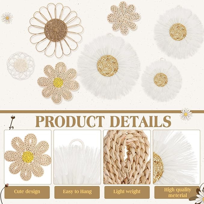 Chunful 7 Pcs Boho Wall Basket Decor Rattan Flower Wall Decor Nursery Daisy Flower Woven Macrame Hanging Flowers for Baby Kids Girls Farmhouse Bedrooms Living Rooms Kitchen Home(Milky White)