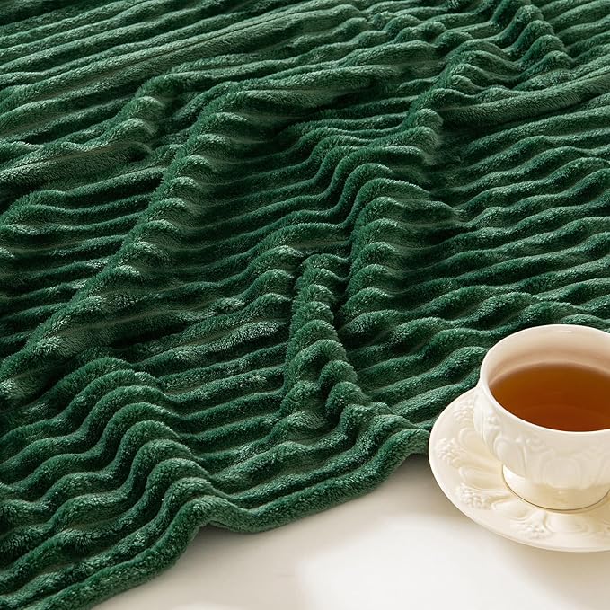 MIULEE Fleece Throw Blanket for Couch 300GSM Super Soft Lightweight Plush Striped Throws, Dark Green Warm Cozy Breathable Ribbed Blanket for Bed/Sofa, Twin Size 60"x80"