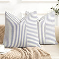 YCOLL Farmhouse Pillow Covers 16x16, Modern Accent Square Throw Pillow Covers Set of 2, Blue and Beige Striped Patchwork Linen Decorative Pillows Cushion Covers for Couch Chair Bedroom Home Decor