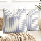 YCOLL Farmhouse Pillow Covers 16x16, Modern Accent Square Throw Pillow Covers Set of 2, Blue and Beige Striped Patchwork Linen Decorative Pillows Cushion Covers for Couch Chair Bedroom Home Decor