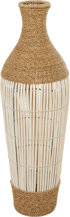 Deco 79 Seagrass Handmade Decorative Vase Wrapped Tall Floor Centerpiece Vase with Cream Slatted Bamboo Center, Vase for Home Decoration 13" x 13" x 40", Brown