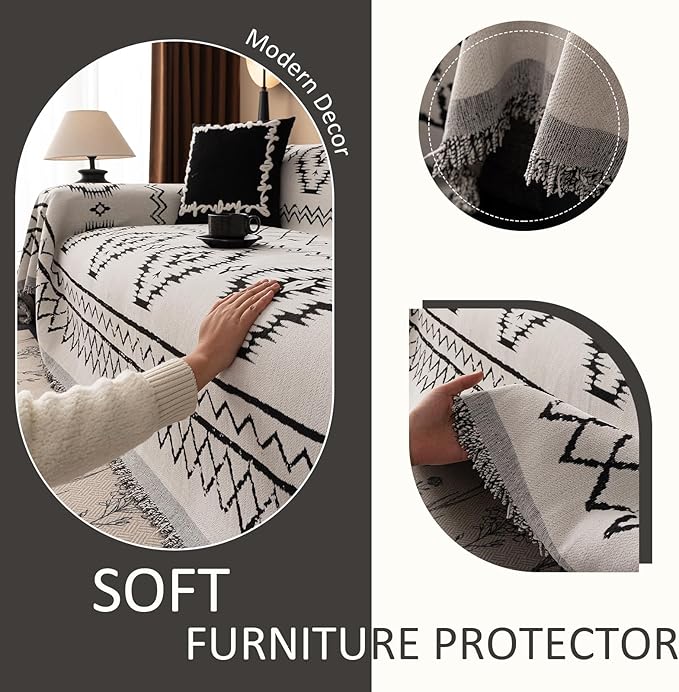 VClife Boho Aztec Couch Cover Retro Couch Cover for 3 Cushion Couch Sofa, Western White Slipcover Cover with Black Tribal Pattern, Soft Thick Chenille Furniture Sofa Covers wit Tassel, White, 71"X134"